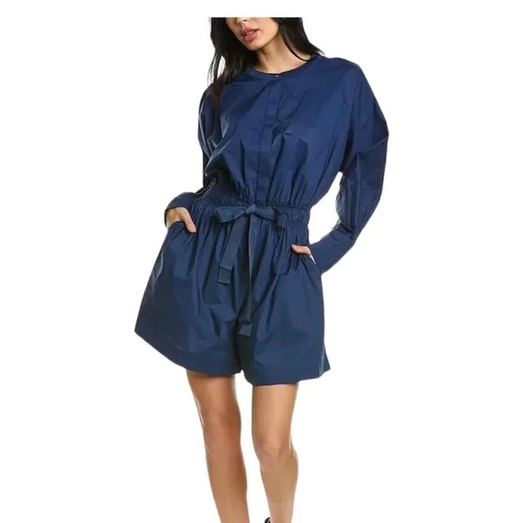 Nili Lotan Navy Blue 100% Silk Long Sleeves Knee Length‎ Romper Medium - Picture 1 of 5